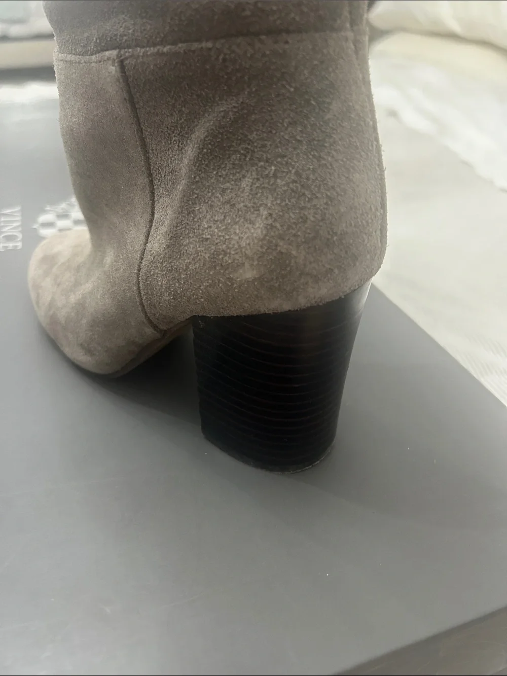 Womens Gray Suede Knee-High Block Heel Boots